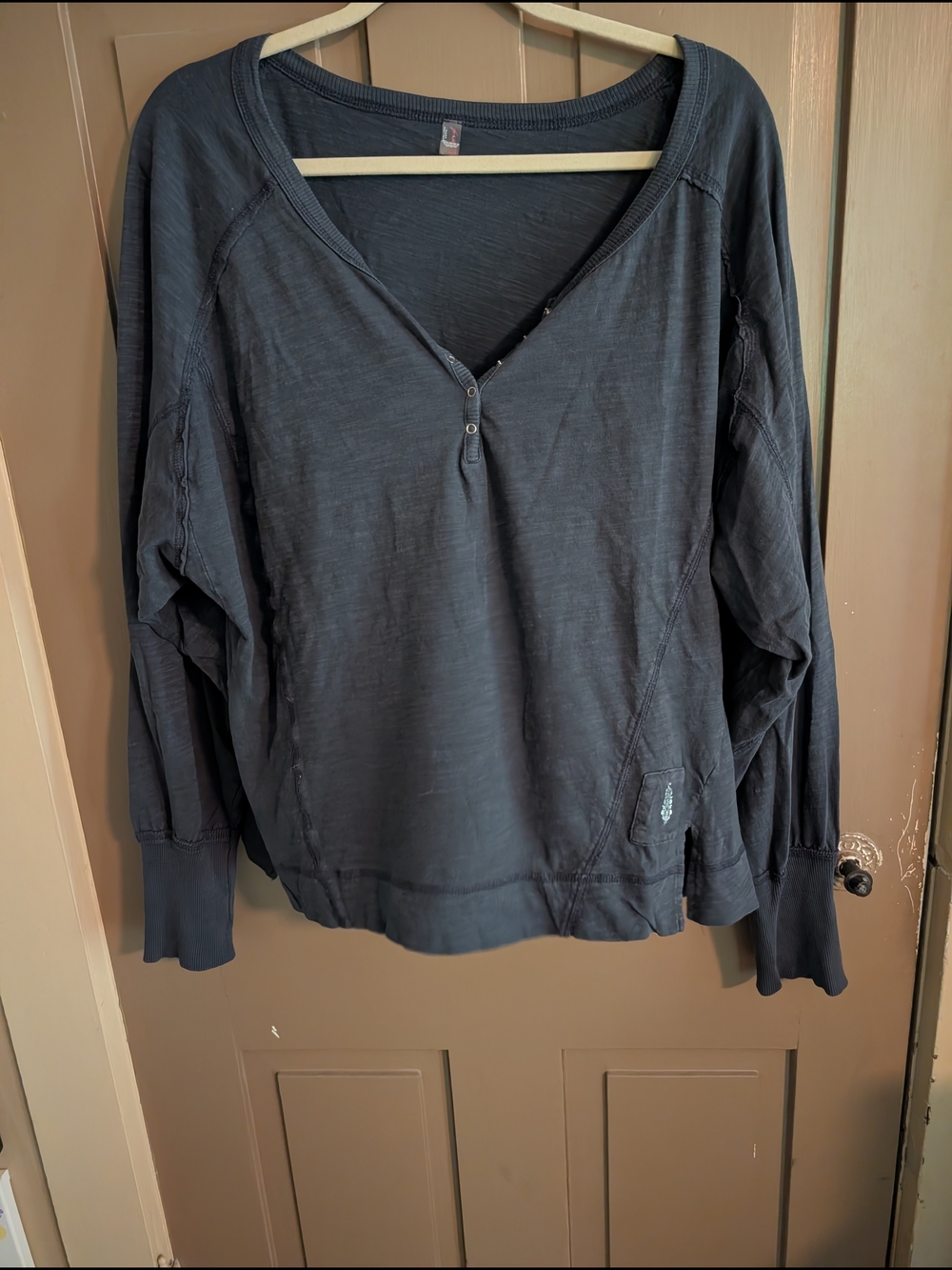 Free People Movement Charcoal Gray V-Neck Henley Long Sleeve Pullover - Size L